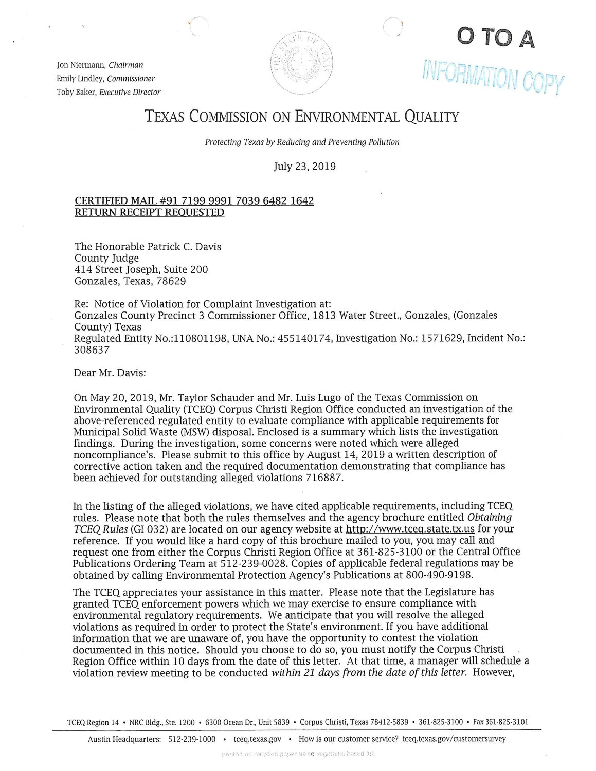 TCEQ compliance notice received by county The Gonzales Inquirer